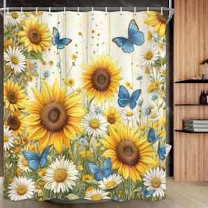 Sunflower Shower Curtain, Farmhouse Rustic Country Shower Curtain Rustic Sunflower Shower Curtain Set, Waterproof Yellow Floral Bathroom Curtain Decor Rustic Floral Bath Curtain, Yellow-2 72X72 Inch