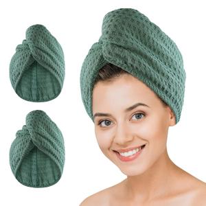 Dolwis Microfiber Hair Drying Towel - 2Packs Waffle Long Hair Head Turban Wraps Terry Cloth Fast Absorbent Dry Anti Frizz Twist Plopping Curly Shower Turban for Women Wet Hair (Green)