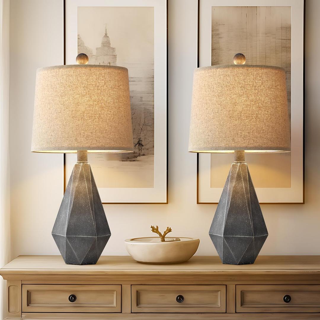 PoKat 20.25" Rustic Farmhouse Table Lamp Sets of 2 for Living Room Bedroom Deep Grey Contemporary Classic Bedside Nightstand Lamp with White Fabric Shade, Suitable for Small Place (20.25 Small Szie, Dark Grey)