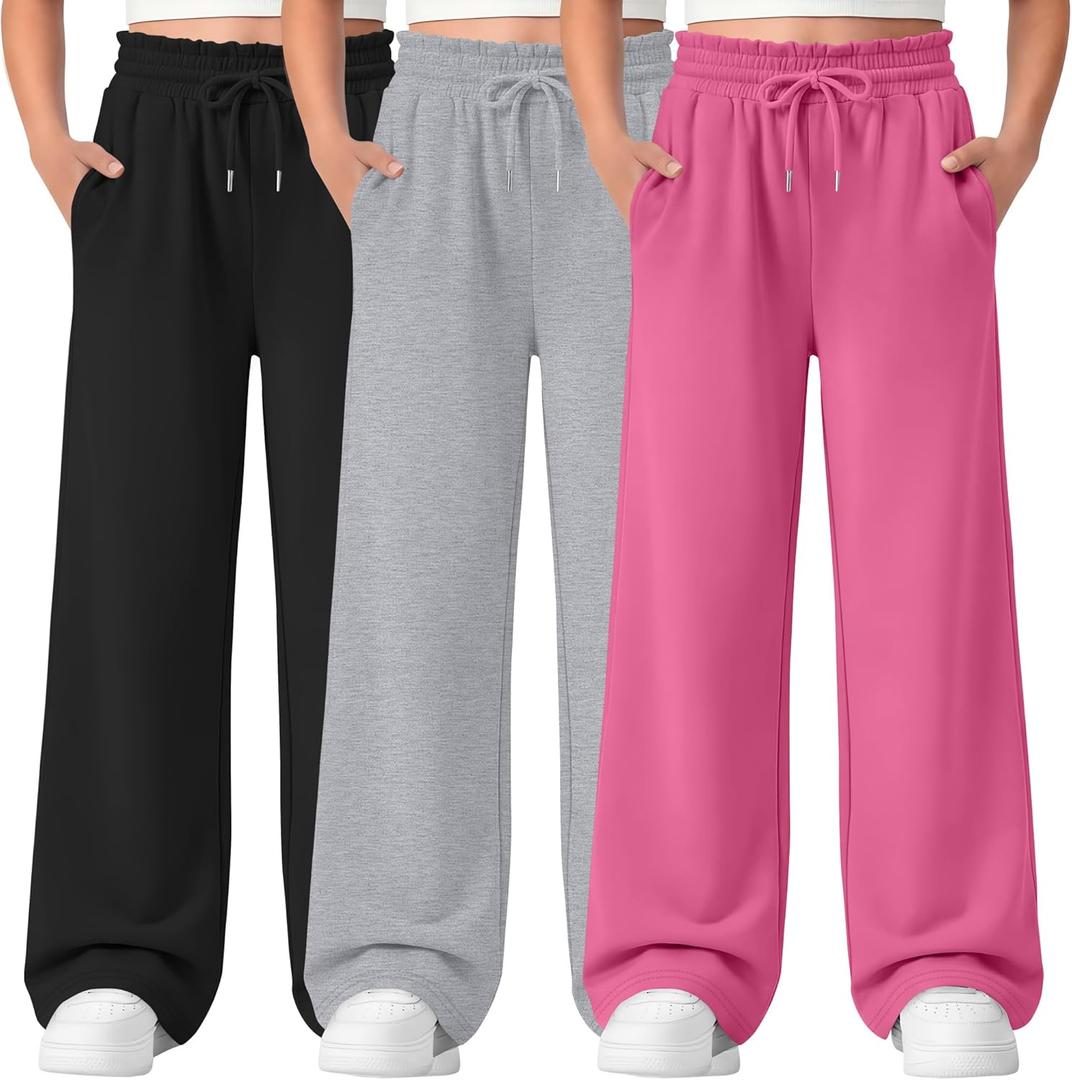 3 Pack Girls' Sweatpants Straight Wide Leg Kids Drawstring Casual Joggers Teen Loose Athletic Pants with Pockets (11-12 Years, Rose Red, Light Heather Gray, Black)