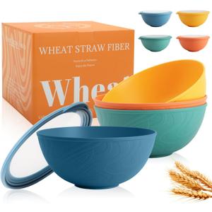 Wheat Straw Bowls Set with Lids, Unbreakable 40 OZ Cereal Bowls Set of 4, Salad Container for Lunch, Microwave & Dishwasher Safe Bowl Set for Kitchen, Picnic, RV, Camping, Multi