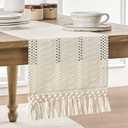 ZeeMart Macrame Style Boho Table Runner, Ivory Table Runners 90 Inches Long, Farmhouse Woven Home Decor, 12x90 Inch (12x98 Tassel Included), Ivory