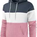 Women's Waffle Color Block Pullover Sweatshirts Hoodies Drawstring Hooded Sweatshirt for Women Trendy (Greyblue/White/Pink) XS