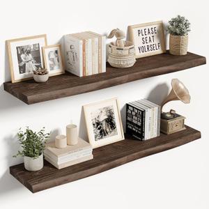 Vivelove Live Edge Floating Shelves 36 inch Long, Elm Wood Wall Display Shelf with Invisible Bracket for Living Room Bedroom Bathroom Office, Rustic Farmhouse, Solid Wood Set of 2 - Dark Walnut