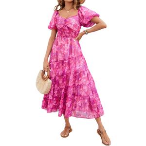 ABYOVRT Women Floral Maxi Dress Short Puff Sleeve V Neck Bohemian Flowy Dress Smocked Casual Spring Summer Dresses (Pink, M)