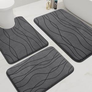YIHOUSE Memory Foam Bathroom Rug Set, 3 Pieces - Dark Grey (Ultra Soft, Absorbent, Non-Slip, Machine Washable), Size: 1'8" x 2'8"