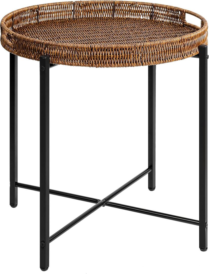 Brown Small Round End Table, 19in Rattan End Tables, Wicker Rattan Side Table, Round Sofa Side Table, Indoor Outdoor Side Tables for Patio, Living Room Bedroom Office