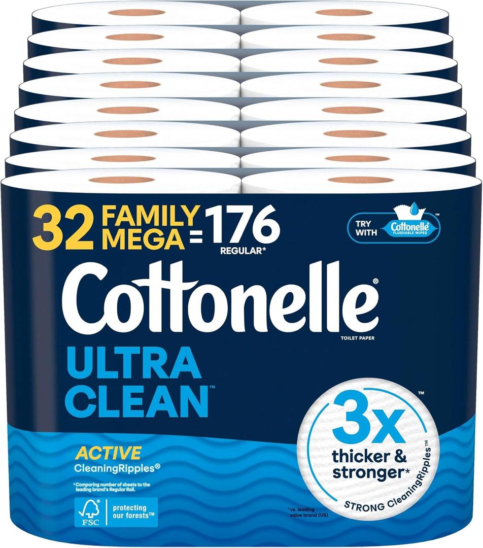 Cottonelle Ultra Clean Toilet Paper with Active CleaningRipples Texture, Strong Bath Tissue, 32 Family Mega Rolls = 176 Regular Rolls (8 Packs of 4)