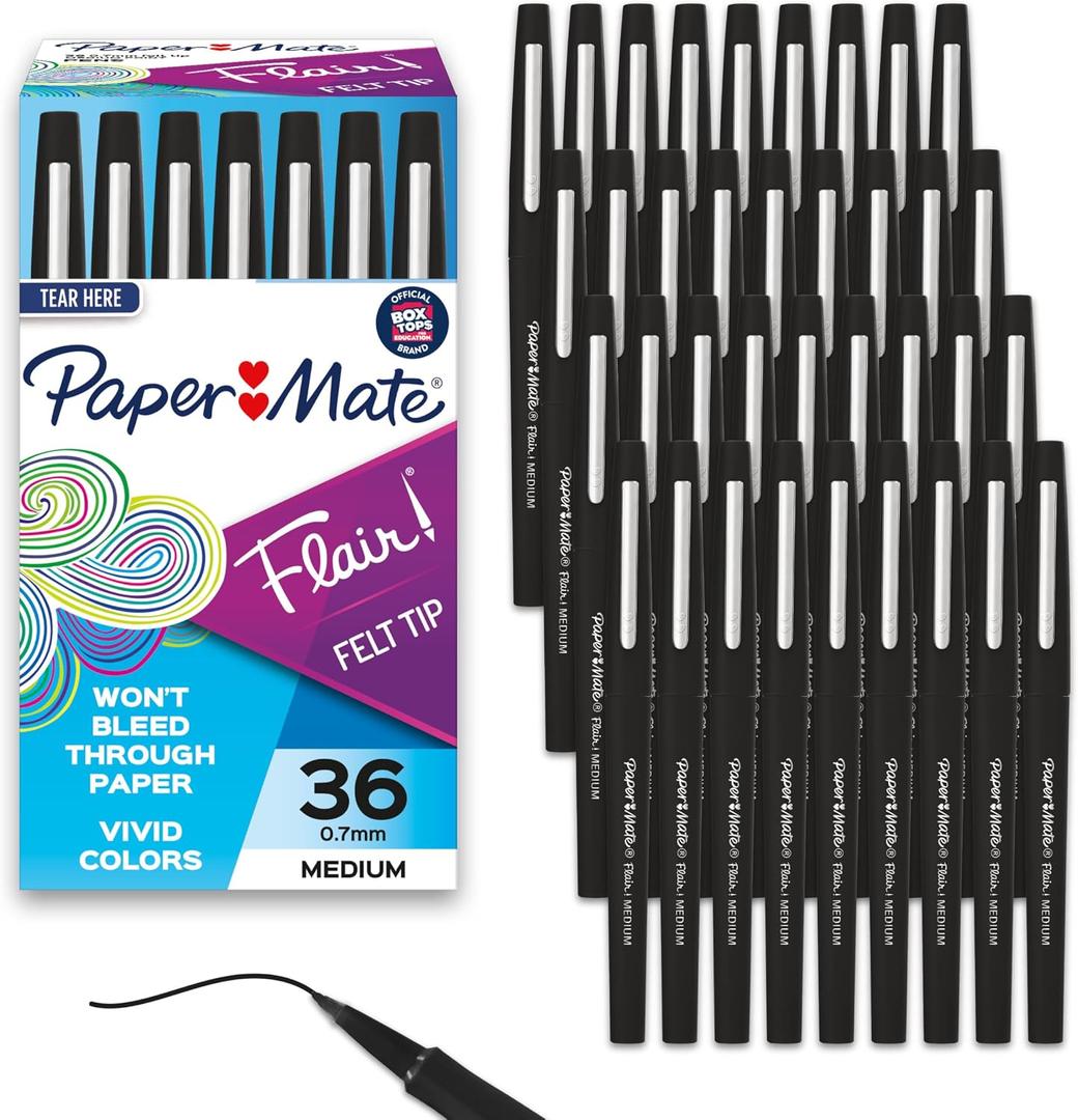 Paper Mate Flair Felt Tip Pens, Medium Point (0.7mm), Black, 36 Count - Office Supplies
