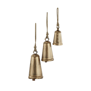 Deco 79 Bronze Metal Tibetan Inspired Decorative Cow Bells with Jute Hanging Rope, Set of 3 12",9", 6"H - Narrow Cone