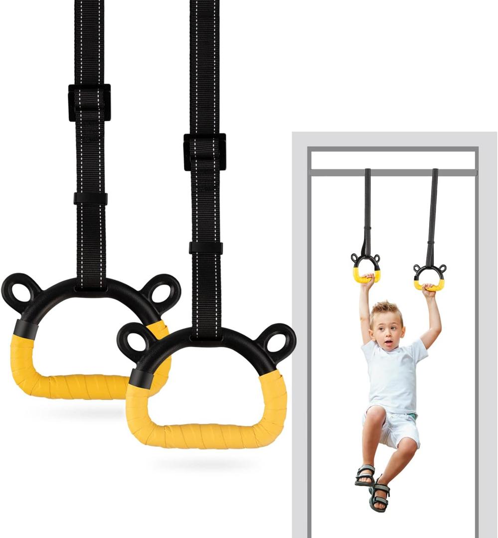 EXQ Home Kids Gymnastic Rings Pull up Rings for Chlidren Exercise,Indoor Gym Ring,Kids Gymnastics Rings with Adjustable Straps,Load Bearing 220lb(NO Bar) (Yellow-1)