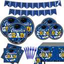 Graduation Party Supplies 2026,Black and Blue Tableware Set for 20 Guests,Disposable Paper Plates Napkins Cutlery Tablecloth Congrats Grad Banner for College High School Decorations Class of 2026