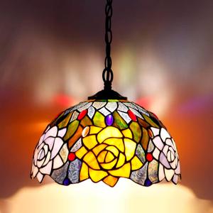 Tiffany Pendant Light Plug in 12 Inch Orange Red Rose Flower Stained Glass Hanging Lamp with Chain 33 Inch, Cord 15 Feet