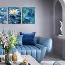 Arjun Blue Abstract Butterfly Canvas Wall Art Water Lily Painting Zen Stones White Lotus Flower Teal Turquoise Pictures Framed for Living Room Bedroom Bathroom Spa Salon Home Office Wall Decor (12"x16"x3 Panels)