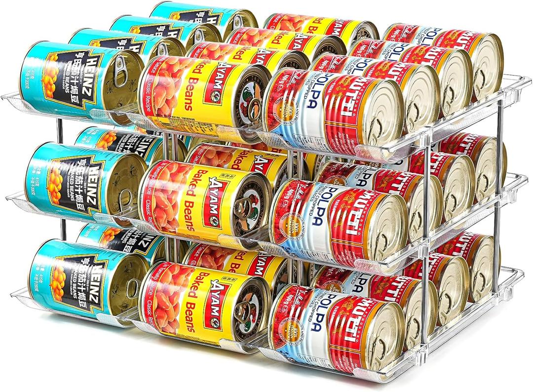 Amllas Can Organizer for Pantry, Stacking Can Storage Organizer Pantry, Automatic Rolling Can Rack for Fridge, 3Tire 3 Columns Can Holder for 36 Cans, Canned Goods Organizer