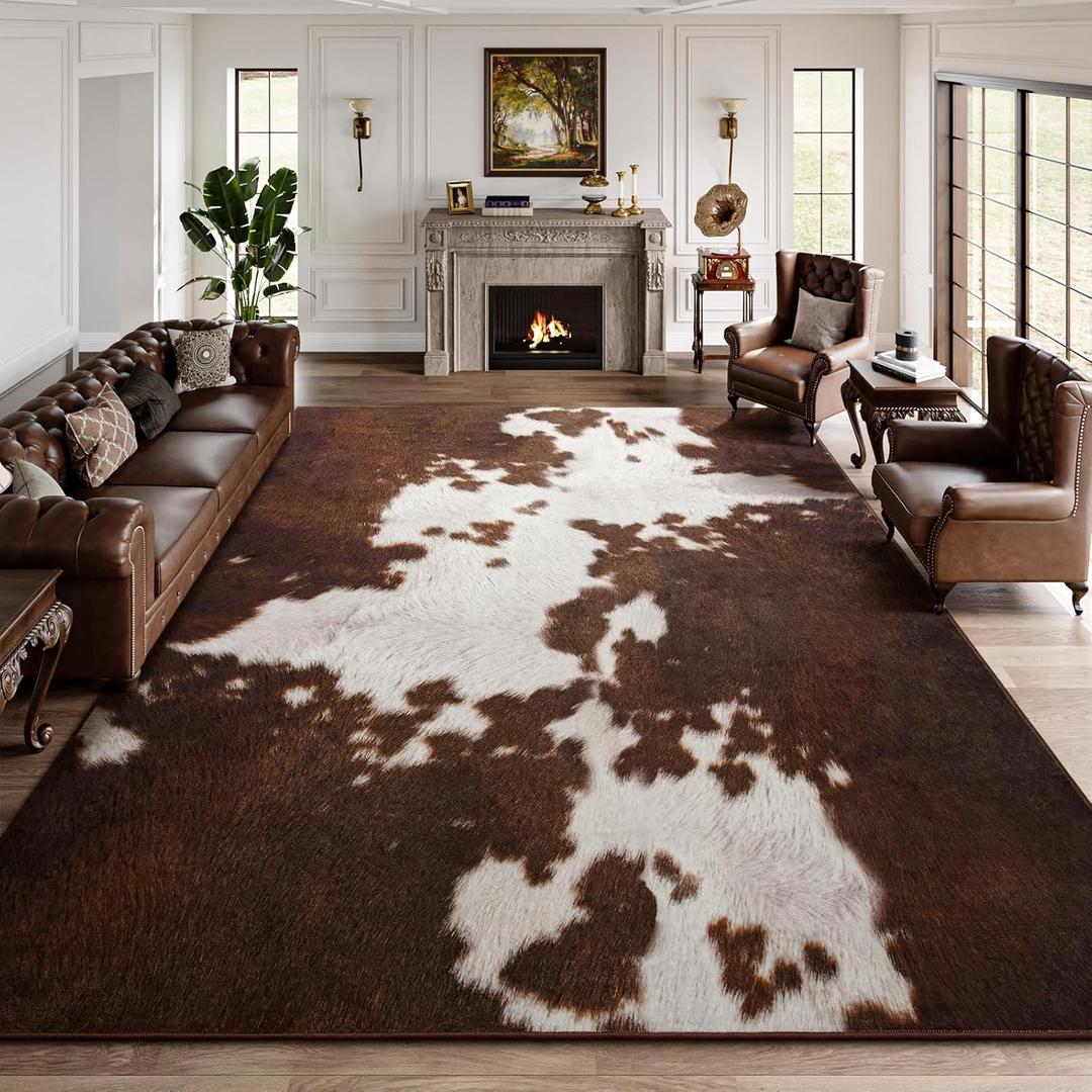 DweIke Cow Print Rugs for Living Room, 5x7 Machine Washable Cowhide Area Rugs for Living Room, Non-Slip Low Pile Stain Resistant Throw Carpet for Dining Room Home Western Decor, Red-Brown