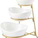 HBlife 3 Tier Serving Stand Oval Serving Bowl with Metal Rack, Ceramic Serving Dishes Chip and Dip Serving Set, Food Display Dessert Appetizer Candy Bowl, Fruit Bowl for Parties, Gold