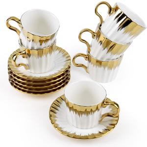Coffee Cup Set of 6 with Saucers, 3.5 OZ Ceramic Espresso Cups, Deco Golden Turkish Coffee Cup Gift for Cappuccino, Latte, Cafe Mocha and Tea, Dishwasher & Microwave Safe (Gold Trim)