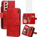 Asuwish Phone Case for Samsung Galaxy S21 5G 6.2 inch Wallet Cover with Tempered Glass Screen Protector Flip Credit Card Holder Slot Stand Purse Folio Pocket Mobile TPU Cell S 21 21S G5 Women Men Red