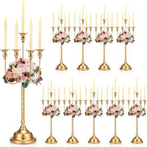 Rtteri 10 Pcs Gold Candelabra Candlestick Holder Metal Candle Stand Candelabra for Taper Candles Table Centerpieces Wedding Christmas Holiday Birthday Party (12.2 x 12.2 x 26.4 Inch,5 Arm)