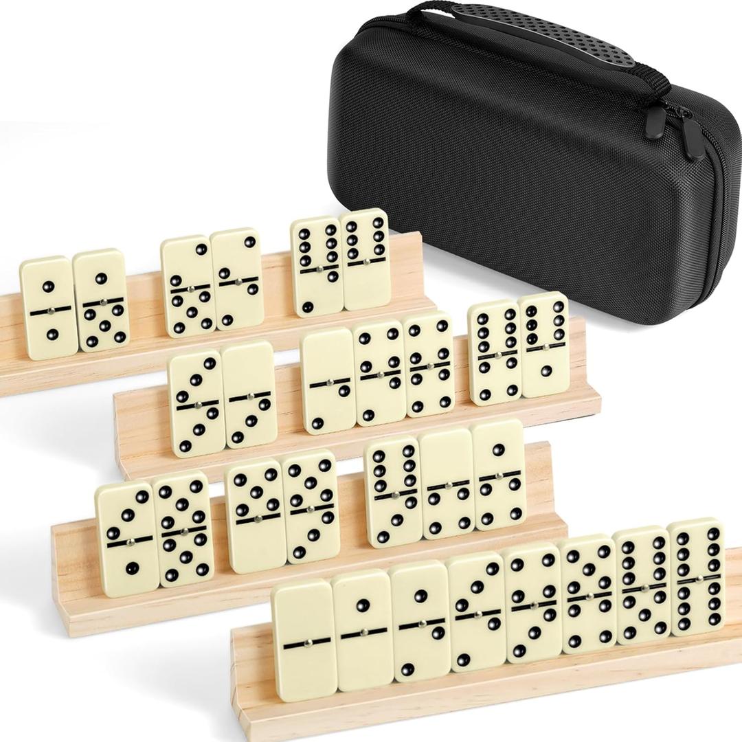 BATURU Jumbo Double 6 Dominos Set for Adults, Extra-Thick 28 Large Tiles with 4 Wooden Racks, Portable Travel Case, Premium Dominoes Set for Adults, Kids, Classic Family Game Night & Party Games
