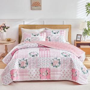 Joyreap 3 Pieces Floral Patchwork Quilt Set Queen, Pink n White Flowers Design, Soft n Cozy Microfiber Quilt, Bedspread Bed Cover for All Season, 1 Quilt and 2 Pillow Shams- 90x90 inches