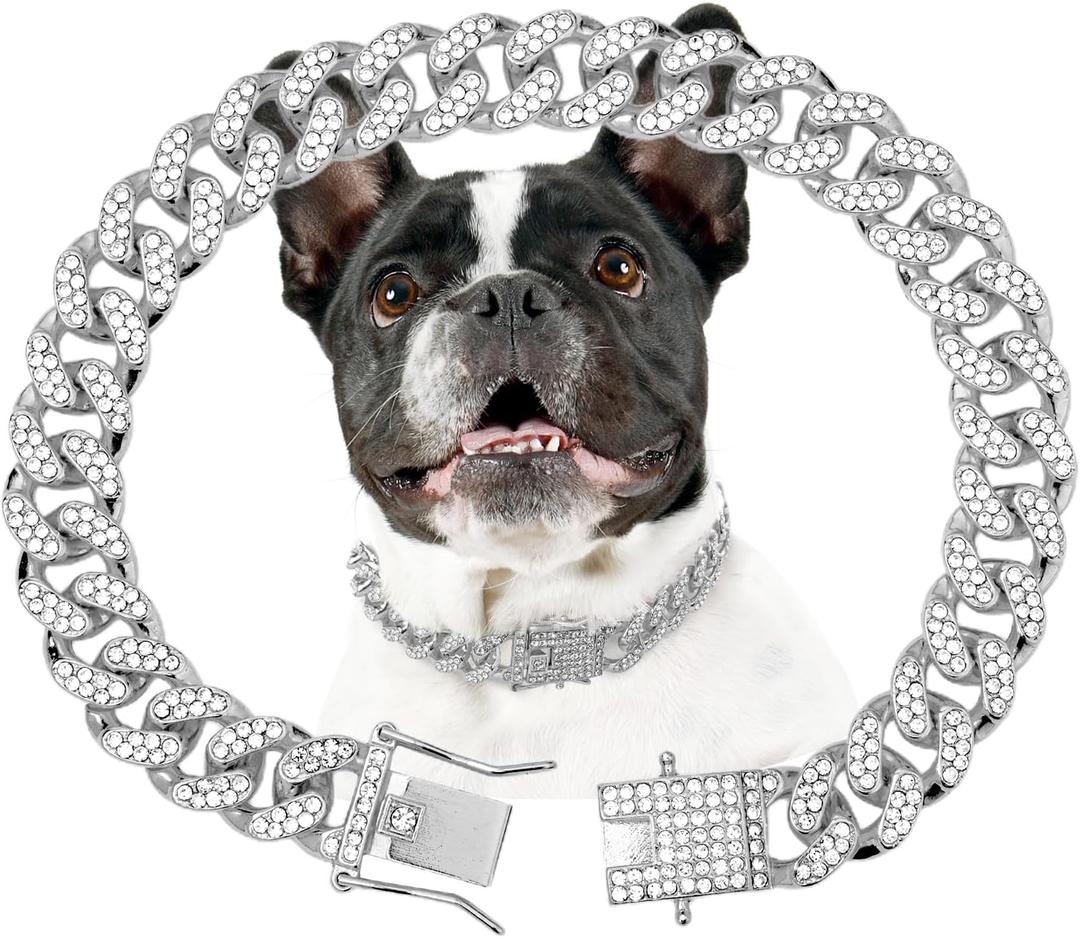 Dog Chain Collar Silver Dog Necklace Diamond Cuban Link Dog Collar 13mm Wide Metal Pet Cat Dog Chain Crystal Collar Jewelry Accessories for Large Medium Small Dogs Cats(Silver,22 Inch)