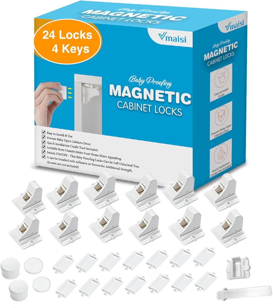 Vmaisi Adhesive Magnetic Locks for Cabinets & Drawers (24 Pack and 4 Keys + Cradle) (Standard)