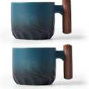 Ceramic Espresso Cups with Wooden Handle Espresso Shot Cups Ceramic Tea Cups Porcelain Demitasse Cups for Coffee or Tea, 2 Oz (Blue, 2) (3 Ounces)