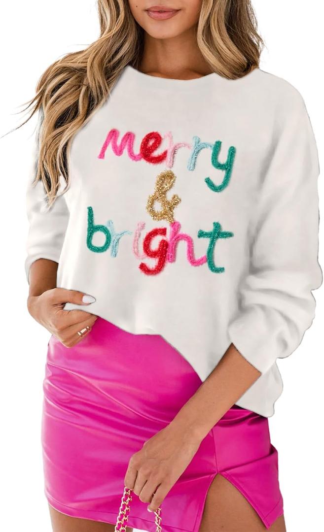 LEMAFER Women 2026 Merry Christmas Round Neck Sequin Letters Sweater Casual Solid Slogan Long Sleeve Pullover Sweatshirt Tops (White, M)