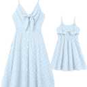 IFFEI Mommy and Me Matching Dresses Womens Eyelet Lace Midi Sundress Sleeveless Summer Dress for Casual Holiday Outfits (8-9 Years, Blue)