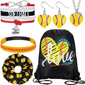 6-Piece Softball Gifts Set: Drawstring Bags, Necklace, Bracelet, Headband, Earrings, Scrunchies - Girl Softball Party Supplies