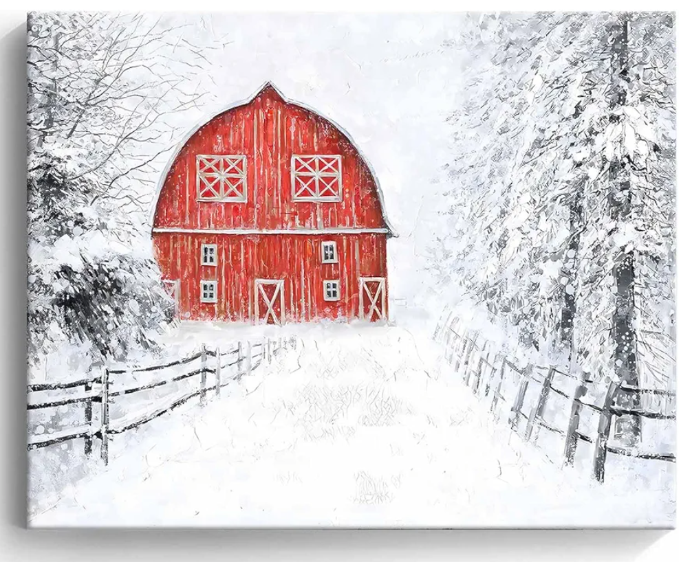 Red Barn Pictures Wall Art Decor Snowy Barn House Winter Landspace Picture Print on Canvas for Bathroom Bedroom with Framed Ready to Hang 32 x 24