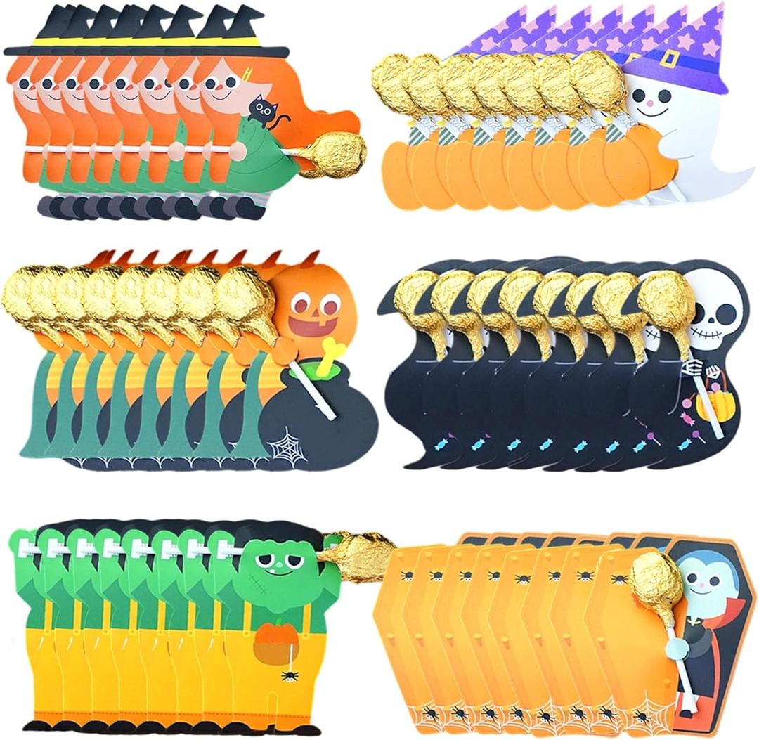 ZHUIGUANGZE 60 Pcs Halloween Lollipop Candy Holder Paper Cards Decoration Cute Ghost Witch Pumpkin Chocolate Sweets Package Wrapping for Trick or Treat Home Party Biscuit DIY Accessories