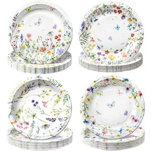 100 PCS Wildflower Party Plates, 9-Inch Floral Disposable Mother's Day Paper Plates for Mothers Day Baby Shower, Bridal Shower, Spring Birthday Party, Tea & Garden Party Decorations, 4 Floral Designs