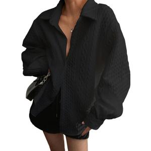 Fisoew Womens Oversized Button Down Shirts Textured Collared Long Sleeve Shacket Casual Fall Blouses Tops (Black)