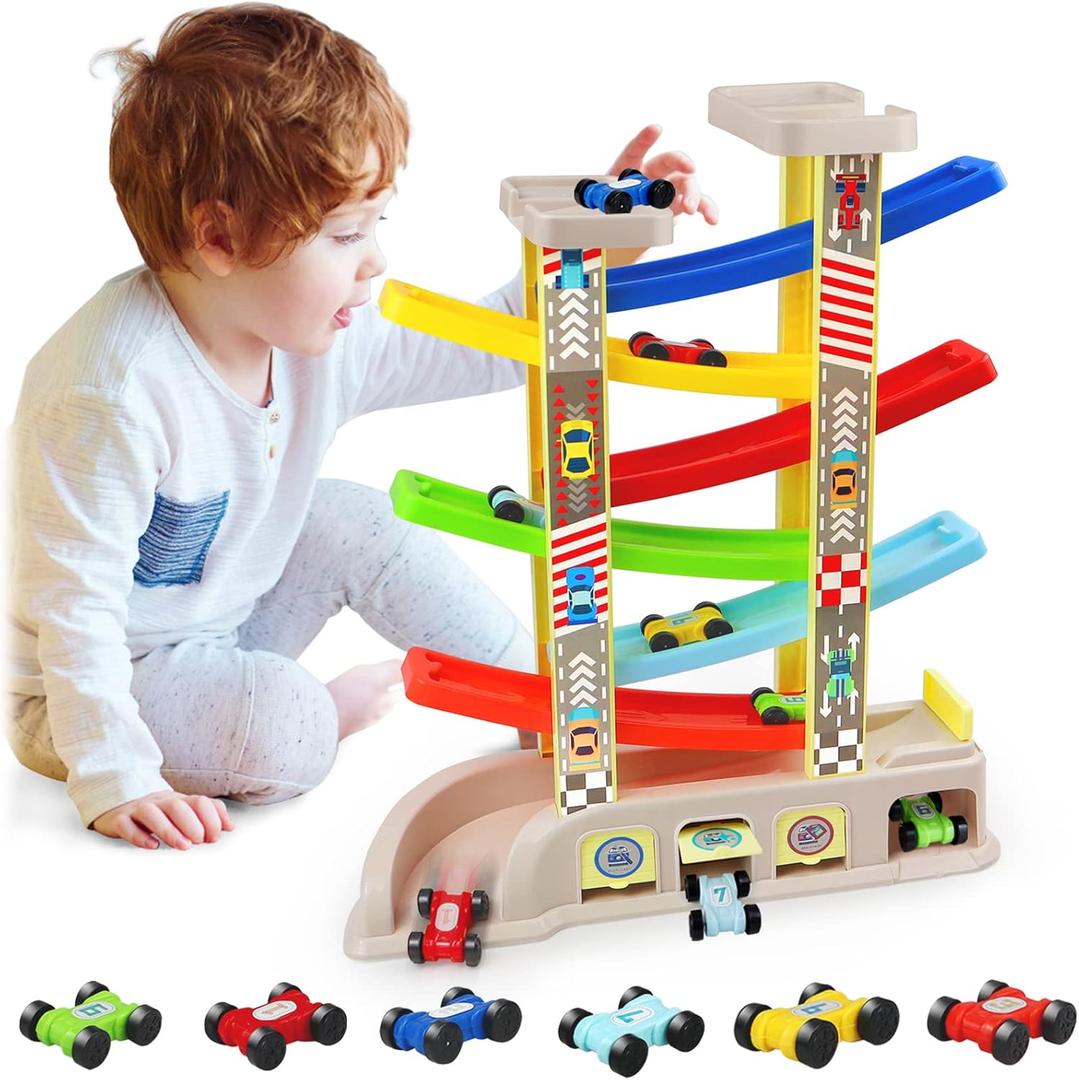 Montessori Toys for 2 3 Year Old Boys Toddlers, Car Ramp Toys with 6 Cars & Race Tracks, Garages and Parking Lots, Ramp Racer Toy Gift for Boys Girls Age 18 Months and Up, Multicolor, 15 inches x 5.7 inches x 4.9 inches, 1:87 scale