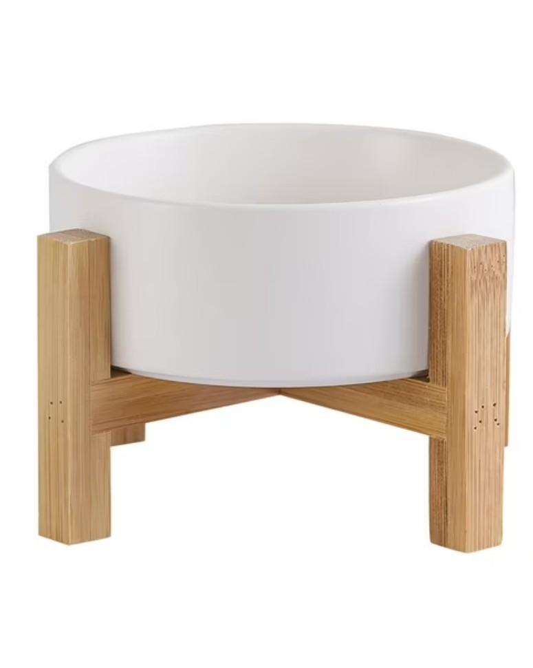 Ceramic Cat & Dog Bowl with Non-Slip Wooden Stand for Pets, Solid