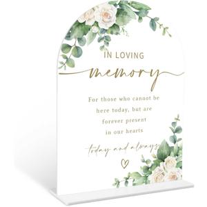 Eucalyptus Rose In Loving Memory Sign, 6 x 8 Inch White Arch Acrylic Wedding Sign with Holder, Wedding Sign for Ceremony and Reception, Wedding Decoration, Wedding Supplies - AM04