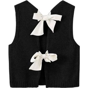 Womens Cute Bow Tie Open Back Cropped Sweater Vest Knit Tank Tops Y2k Girls Sleeveless Cardigan Pullover Shirts M