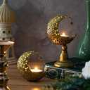 2 Pcs Golden Moon Shape Candle Holder Metal Candlestick Holder Ramadan Decorations Eid Mubarak Table Decor for Birthday, Wedding, Church, Table Centerpiece Decoration