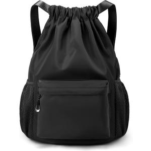 Black Drawstring Backpack for Women, Waterproof Drawstring Gym Bag for Men, Small Cinch Sack for Basketball, Pull String Sport Bag for Soccer.