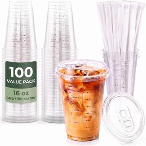 16 oz 100 Set Measurement Marks Clear Plastic Cups with Sip Lids and Straws | Leak-Proof, Heavy-Duty, BPA-Free, To-Go Disposable Iced Coffee Cups for Cold Drinks, Smoothies, Matcha, Juice, and Parties