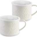 Soup Bowls with Handle and Vented Lid, 35oz Large Wide Ceramic Soup Mugs, Soup Cups for Ramen, Oatmeal, Pastas, Cereals, Set of 2, Microwave Safe (White)