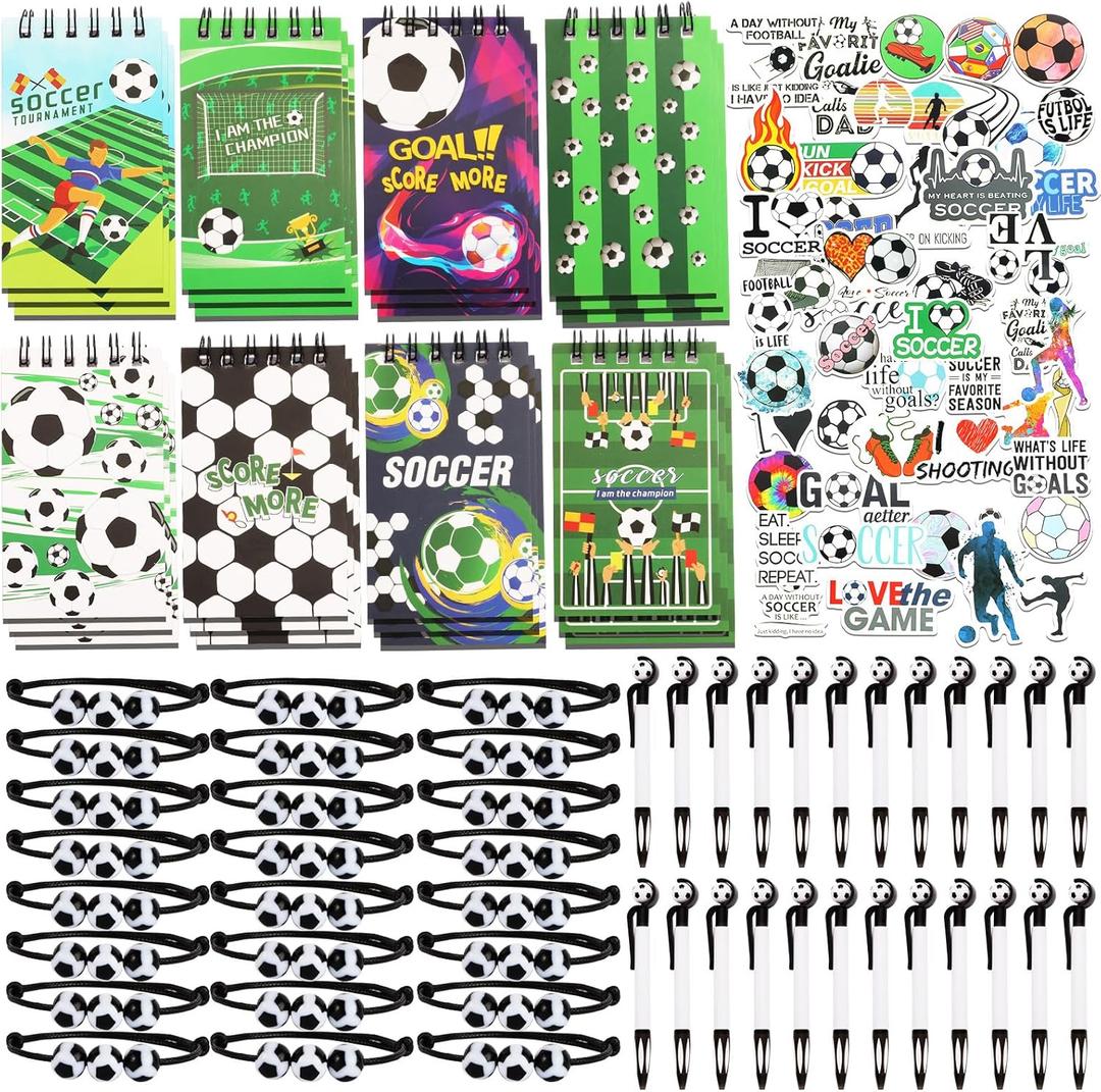 Kolewo4ever 172 Pieces Soccer Party Gifts Set with 24 Ball Pens,24 Wristbands,24 Mini Notepads 100 Soccer Stickers for Soccer Party Supplies Sports Gifts (Soccer)