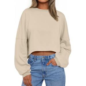 Trendy Queen Cropped Sweatshirts for Women Oversized Crewneck Sweaters Long Sleeve Tops Fall Winter Clothes 2026 Apricot, Size M