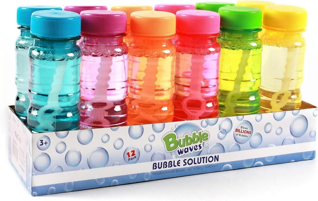Big Bubble Bottle 12 Pack - 4oz Blow Bubbles Solution Novelty Summer Toy - Activity Party Favor Assorted Colors Set