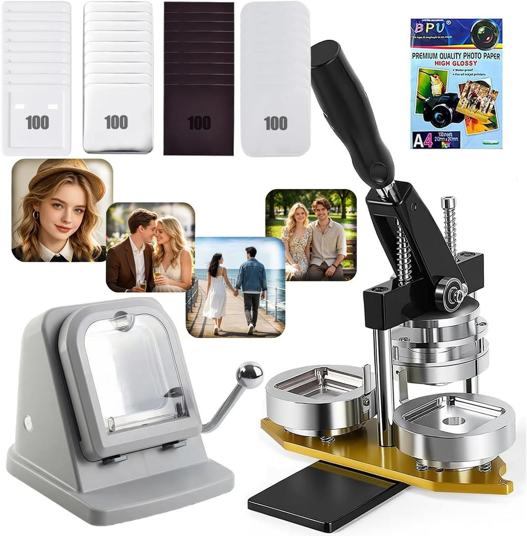 2x2in Square Fridge Magnet Maker Machine Kit, 50x50mm Photo Magnet Making Kit Press Machine, with Lightweight Paper Cutter, 100pcs Materials, 100 Sheet Photo Papers
