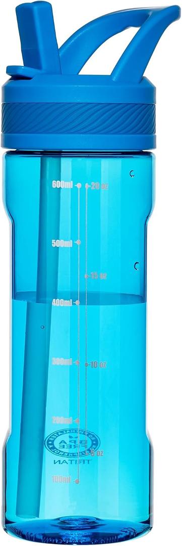 OLDLEY 20oz Kids Water Bottle with Straw, BPA-Free Tritan Water Bottle for School, Leakproof Clear Water Bottle with One Click Open, Measurement Scale, Cup Holder Friendly for Boys Girls,Blue