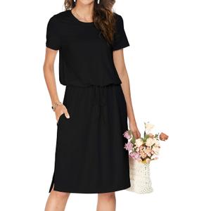 Simier Fariry Womens Summer Hide Belly Knee Length Travel Dress Pocket 2025 Short Sleeve Midi Work Casual Teacher Outfit (Large, Black) Simier Fariry Womens Summer Hide Belly Knee Length Travel Dress Pocket 2025 Short Sleeve Midi Work Casual Teacher Outfit (Large, Black)